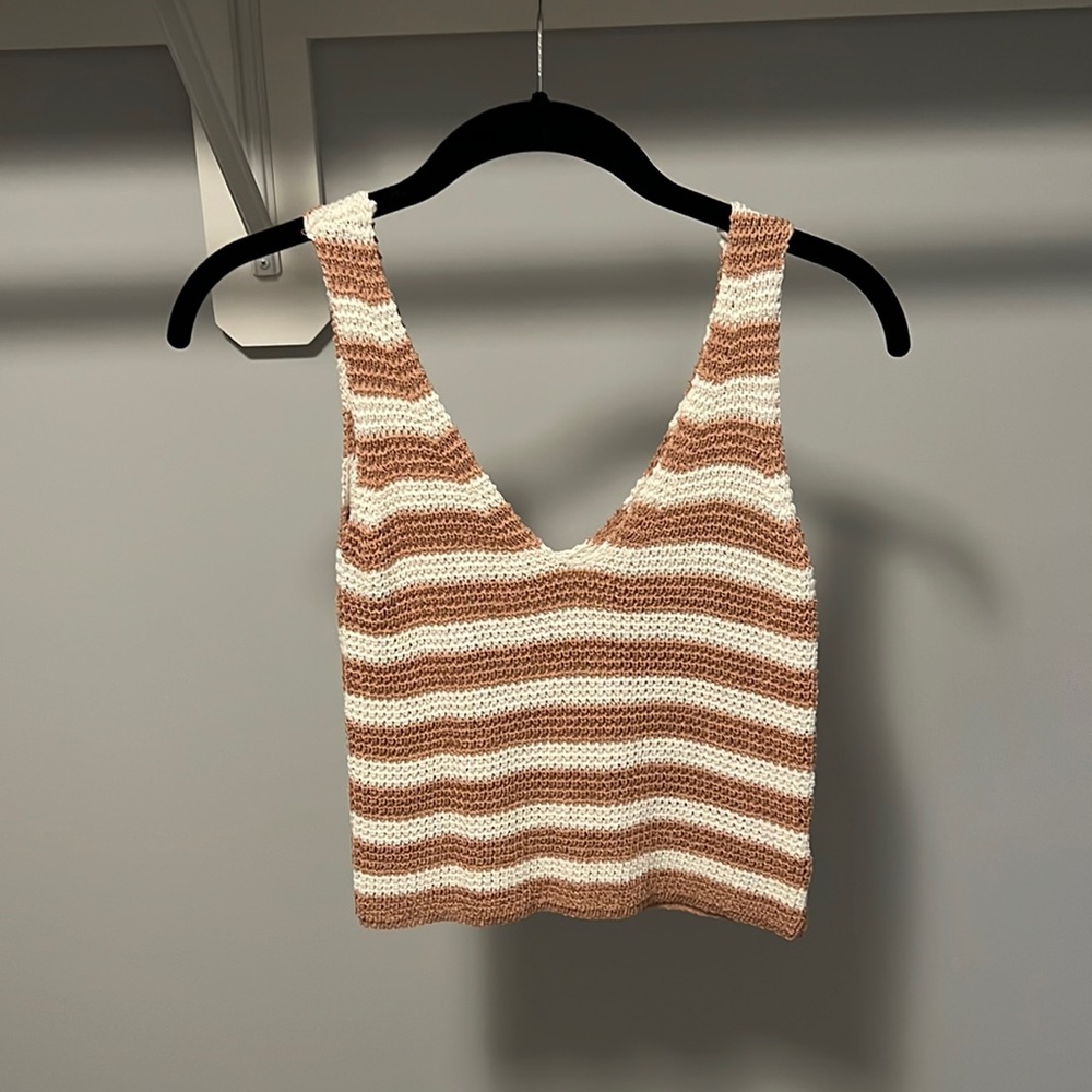 Tan and white striped vneck cropped tank top